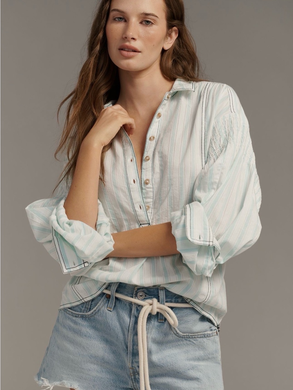 Anthropologie Mint and White Striped Button-Front Blouse